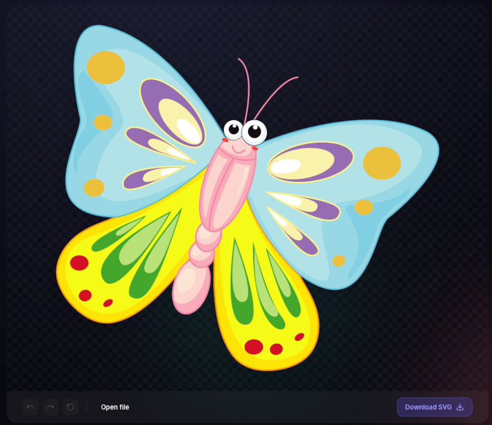 SVG recolor screenshot showing the original butterfly SVG preview with an open file button and download control.