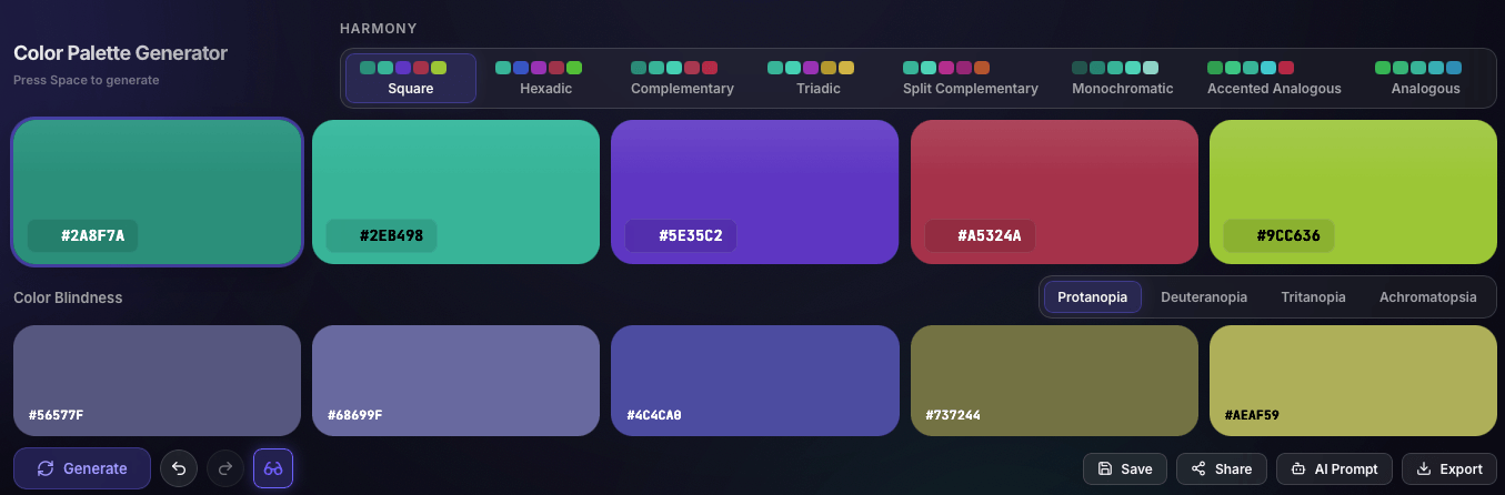 Palette generator screenshot showing harmony controls, a generated five-color palette, and color-blindness simulation tabs.