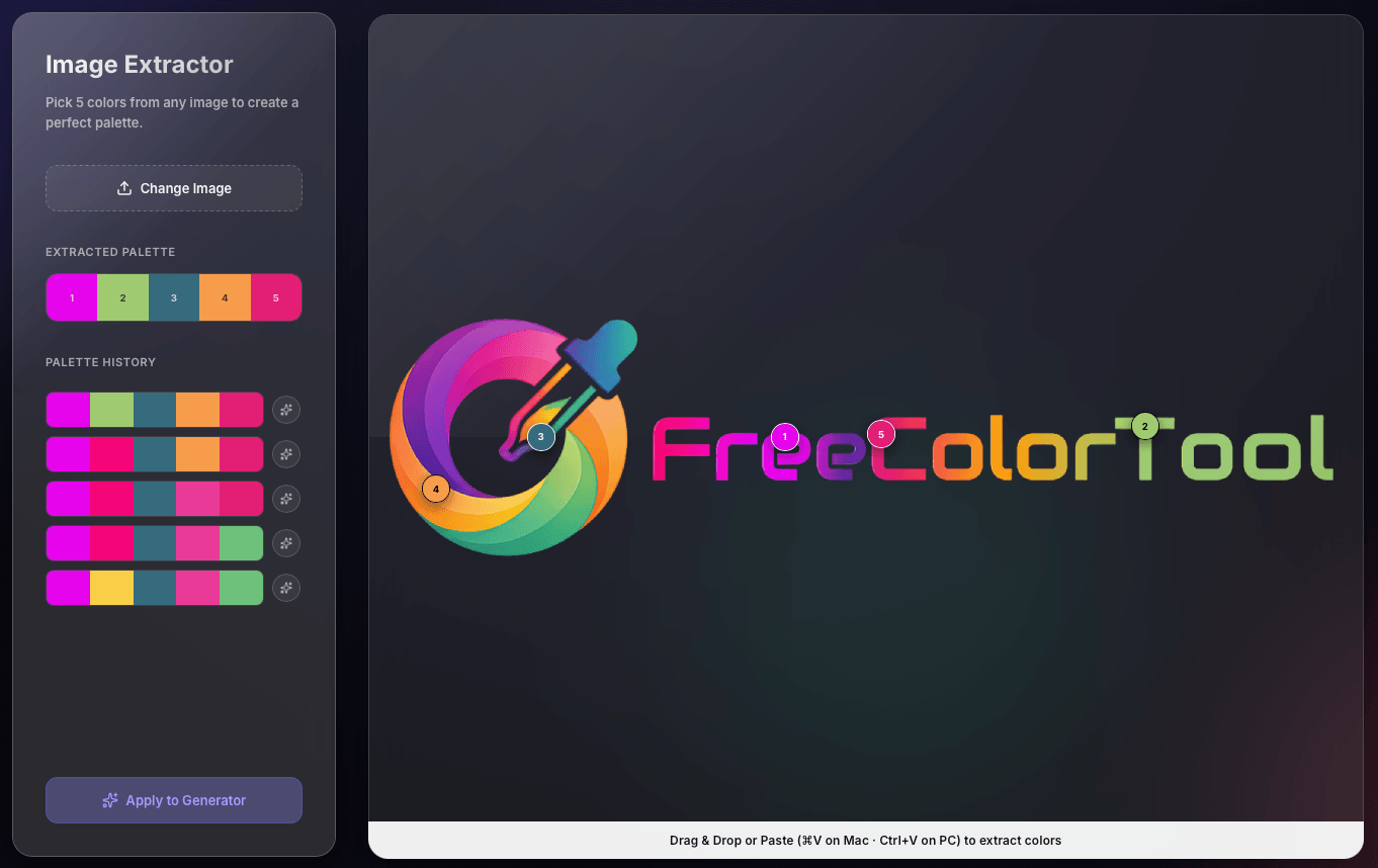 Full image extractor screenshot showing the extracted palette sidebar, palette history, and five draggable markers on the image.