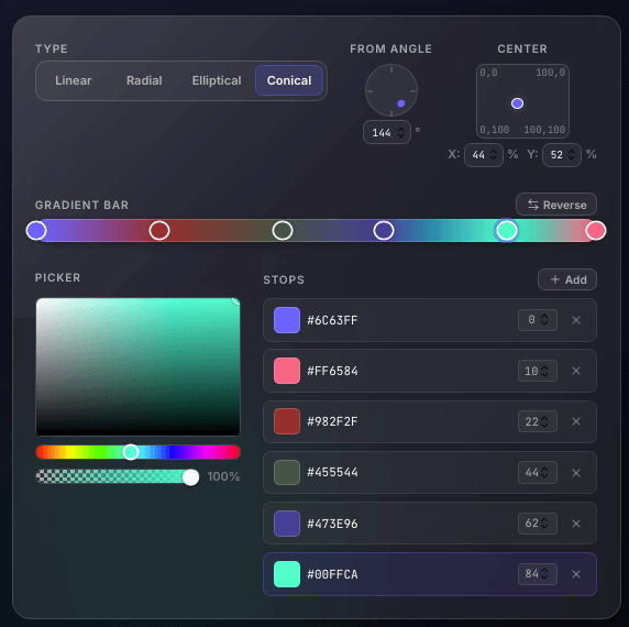 Gradient builder screenshot showing conic mode with multiple stops, center position controls, and the stop editor.