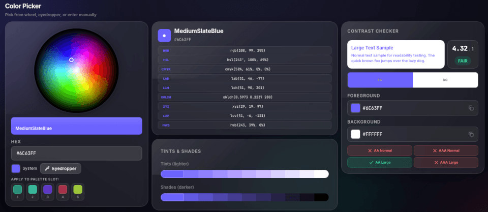 Color picker app screenshot showing the wheel picker, color formats, tints and shades, contrast checker, and palette slots.