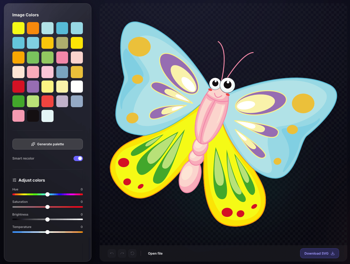 Full SVG recolor screenshot showing the recolored butterfly, detected colors, smart recolor settings, and download button.