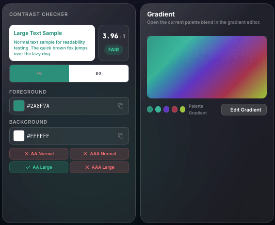 Palette generator screenshot showing the contrast checker panel beside the linked gradient preview.