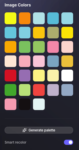 SVG recolor sidebar screenshot showing detected colors, generate palette button, and smart recolor toggle.