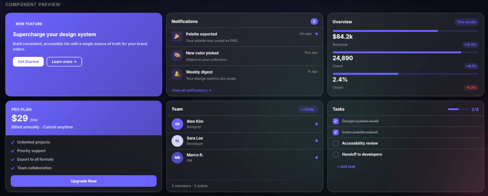 Component preview screenshot showing cards and dashboard modules styled with the selected color system.