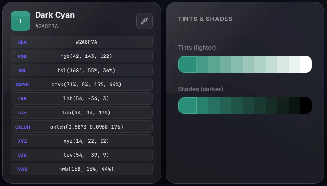Palette detail screenshot showing detailed color formats, tints, and shades for a selected palette color.