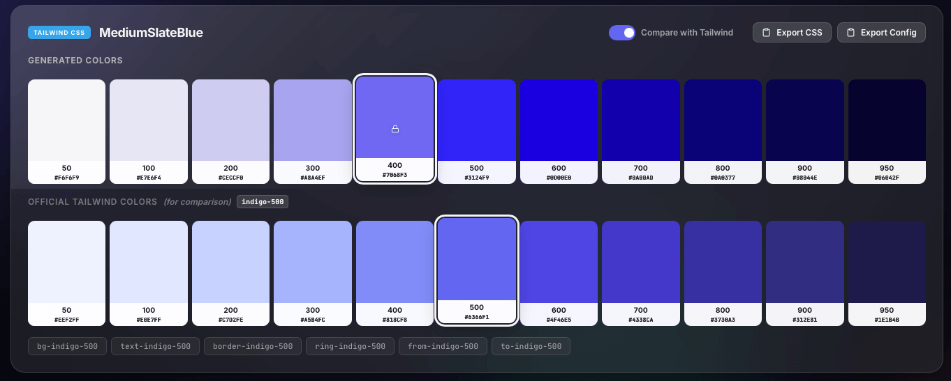 Tailwind comparison screenshot showing generated 50 to 950 colors, official Tailwind comparison, and export buttons.