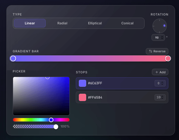 Gradient builder screenshot showing linear mode, gradient bar, stops list, picker, and rotation controls.