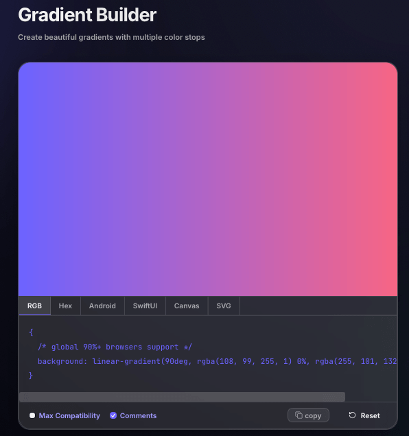 Gradient builder screenshot showing the default linear gradient preview, code output tabs, and copy controls.